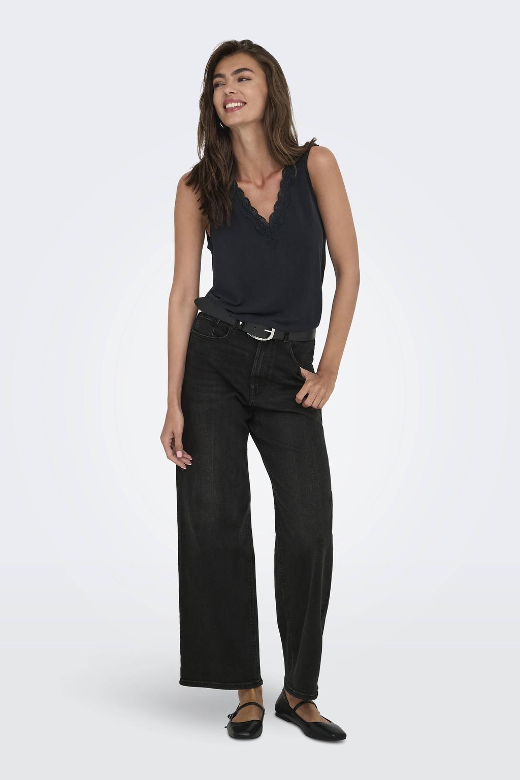 Black denim dames ONLY high waist wide leg jeans black van denim met rits- en knoopsluiting en effen