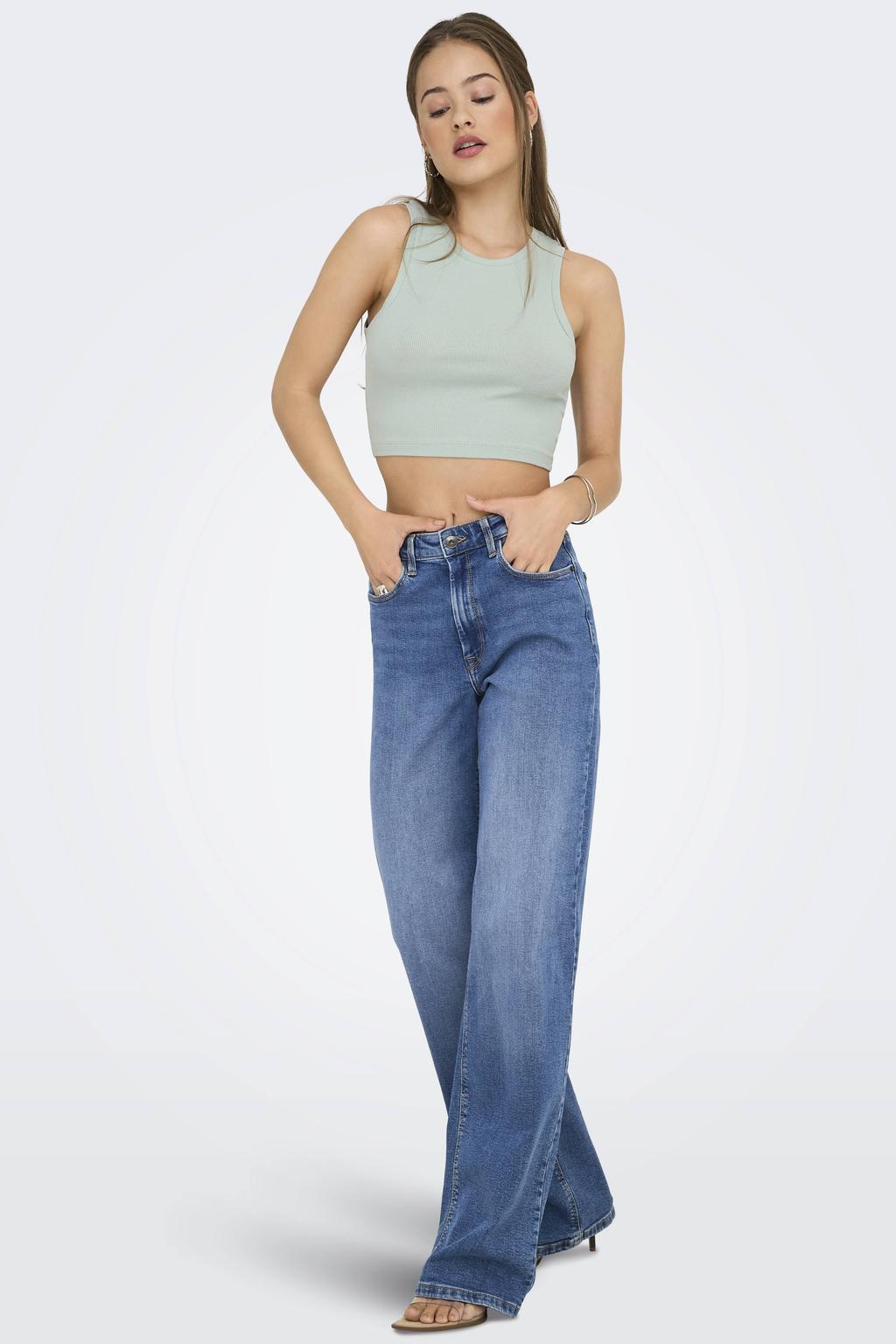 Light blue denim dames ONLY high waist wide leg jeans van denim met rits- en knoopsluiting en effen