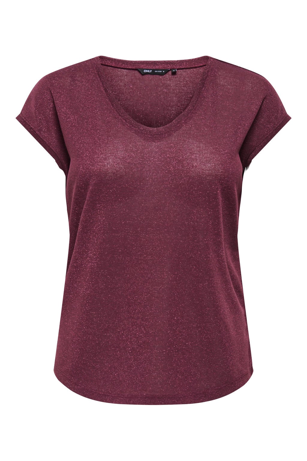 Donkerrode dames ONLY T-shirt van polyester met effen, korte mouwen, ronde hals en lurex