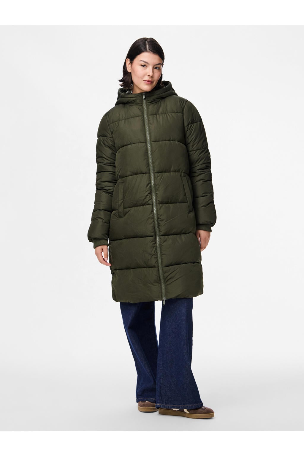 Donkergroene dames PIECES gewatteerde jas van polyester met effen, lange mouwen, capuchon, ritssluiting en gebreide details