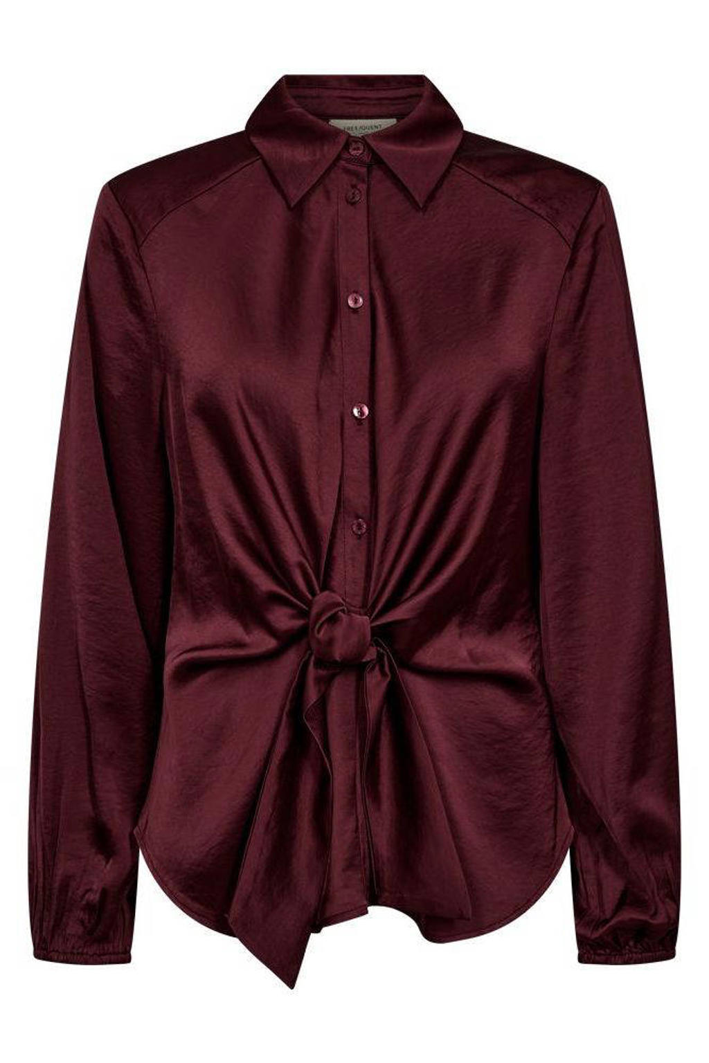 Donkerrode dames FREEQUENT blouse van polyester met effen, lange mouwen, klassieke kraag, knoopsluiting en knoopdetail