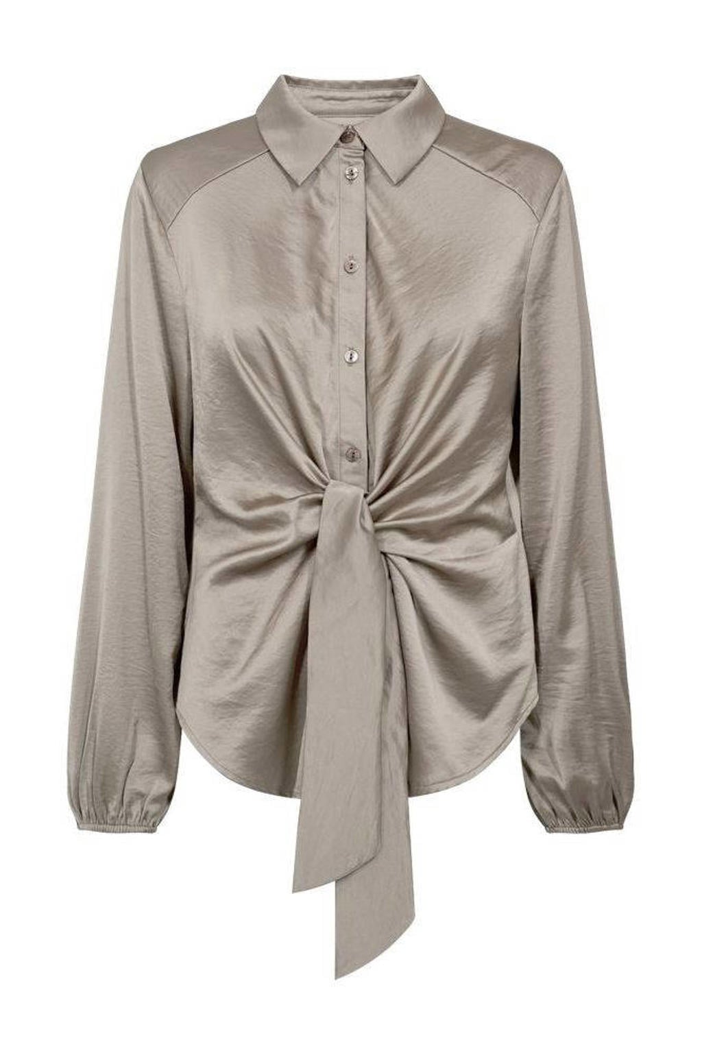 Taupe dames FREEQUENT blouse van polyester met effen, lange mouwen, klassieke kraag, knoopsluiting en knoopdetail