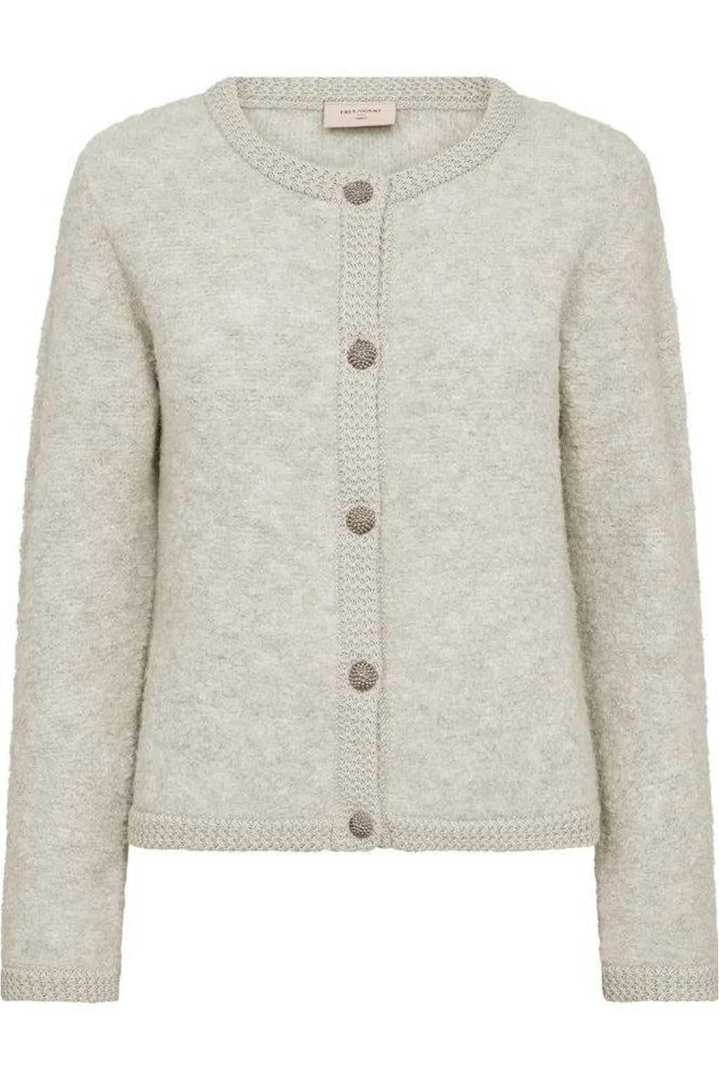 Crème dames FREEQUENT gebreid vest crème met effen, lange mouwen, ronde hals en knoopsluiting