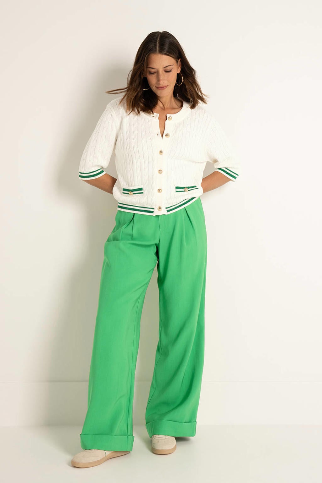 Lichtgroene dames CLAUDIA BY CLAUDIA STRÄTER wide leg high waist broek van viscose met rits- en haaksluiting en effen