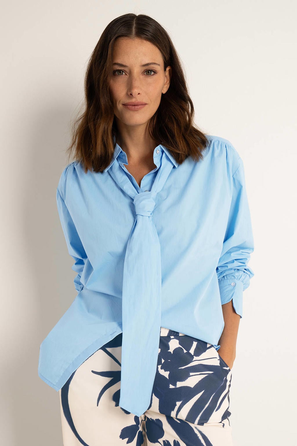 Blauwe dames CLAUDIA BY CLAUDIA STRÄTER blouse van katoen met effen, lange mouwen, klassieke kraag, knoopsluiting en geweven detail