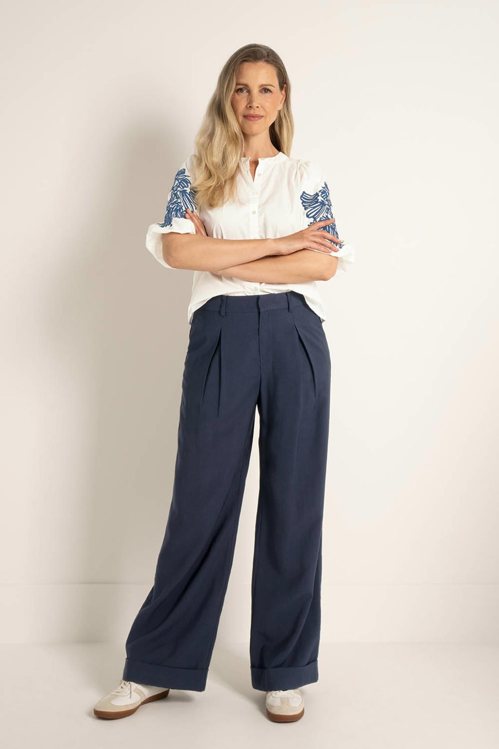 Donkerblauwe dames CLAUDIA BY CLAUDIA STRÄTER wide leg high waist broek van viscose met rits- en haaksluiting en effen