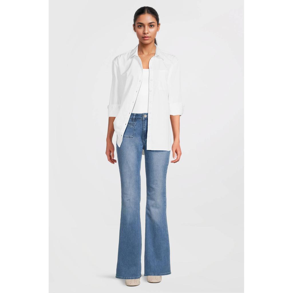 Dark blue denim dames Sofie Schnoor flared jeans dark blue van denim met rits- en knoopsluiting en effen