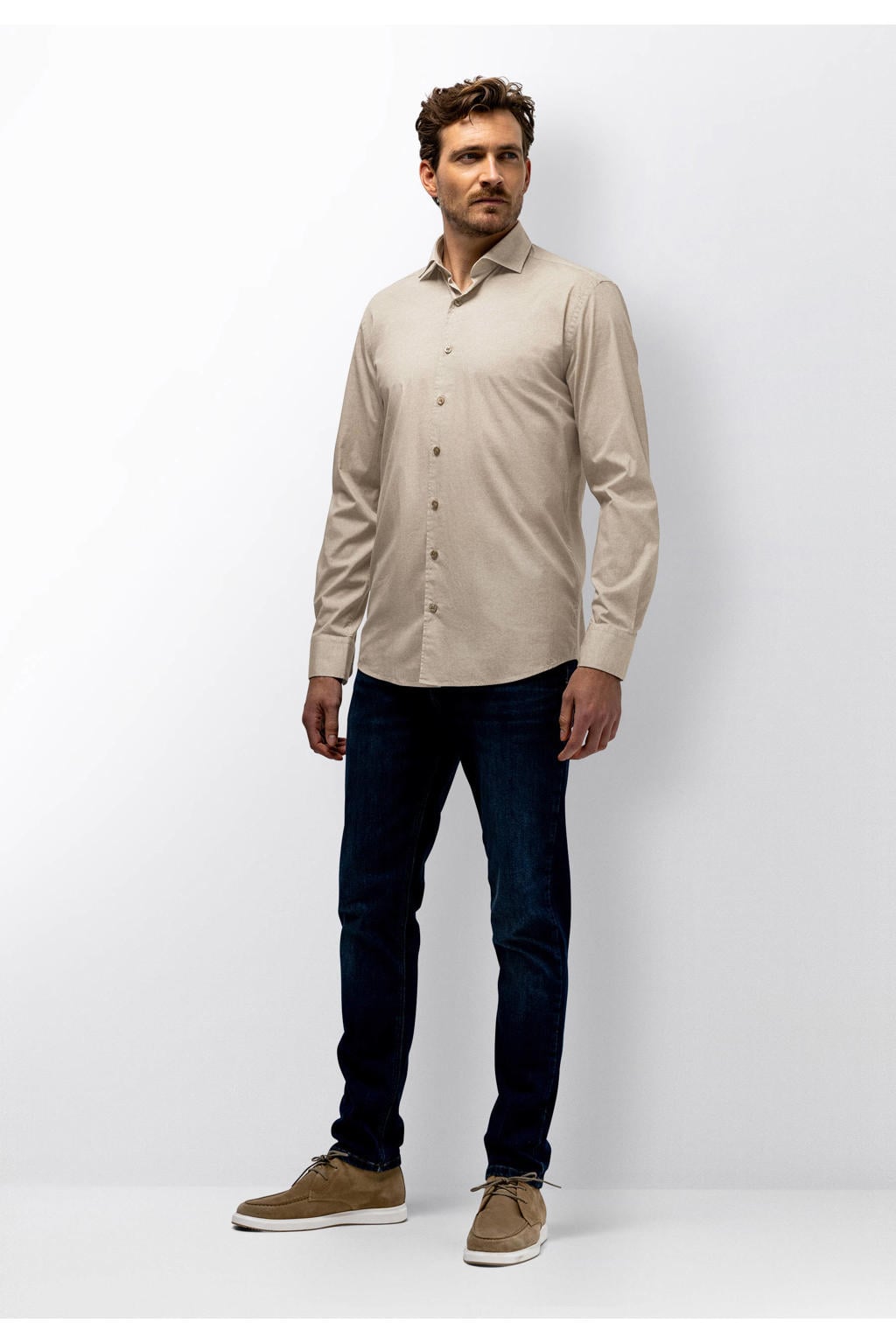 Beige en witte heren State of Art Regular casual overhemd van katoen met melée print, lange mouwen, klassieke kraag en knoopsluiting