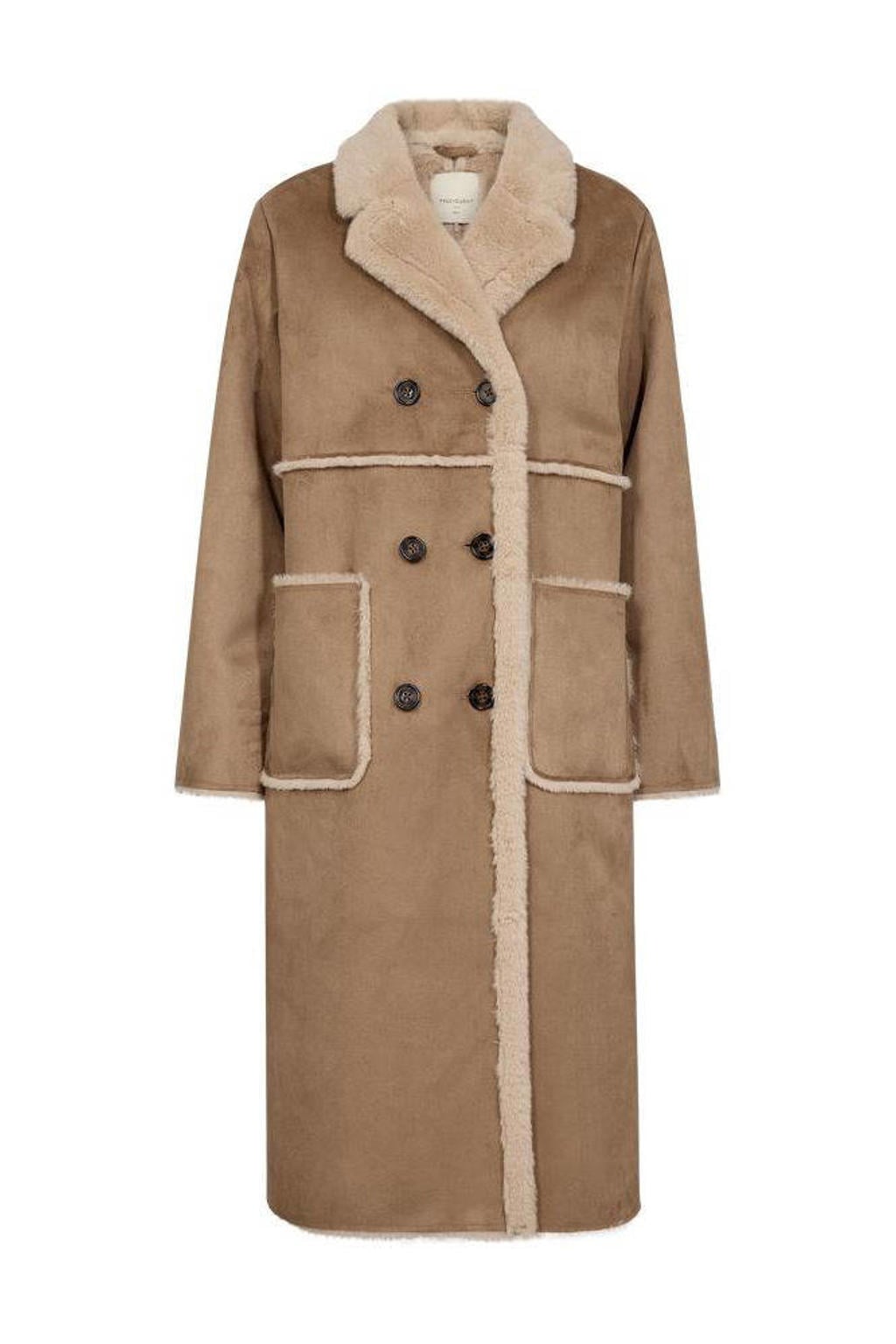 Bruine dames FREEQUENT faux fur jas van polyester met effen, lange mouwen, reverskraag en imitatiebontkraag