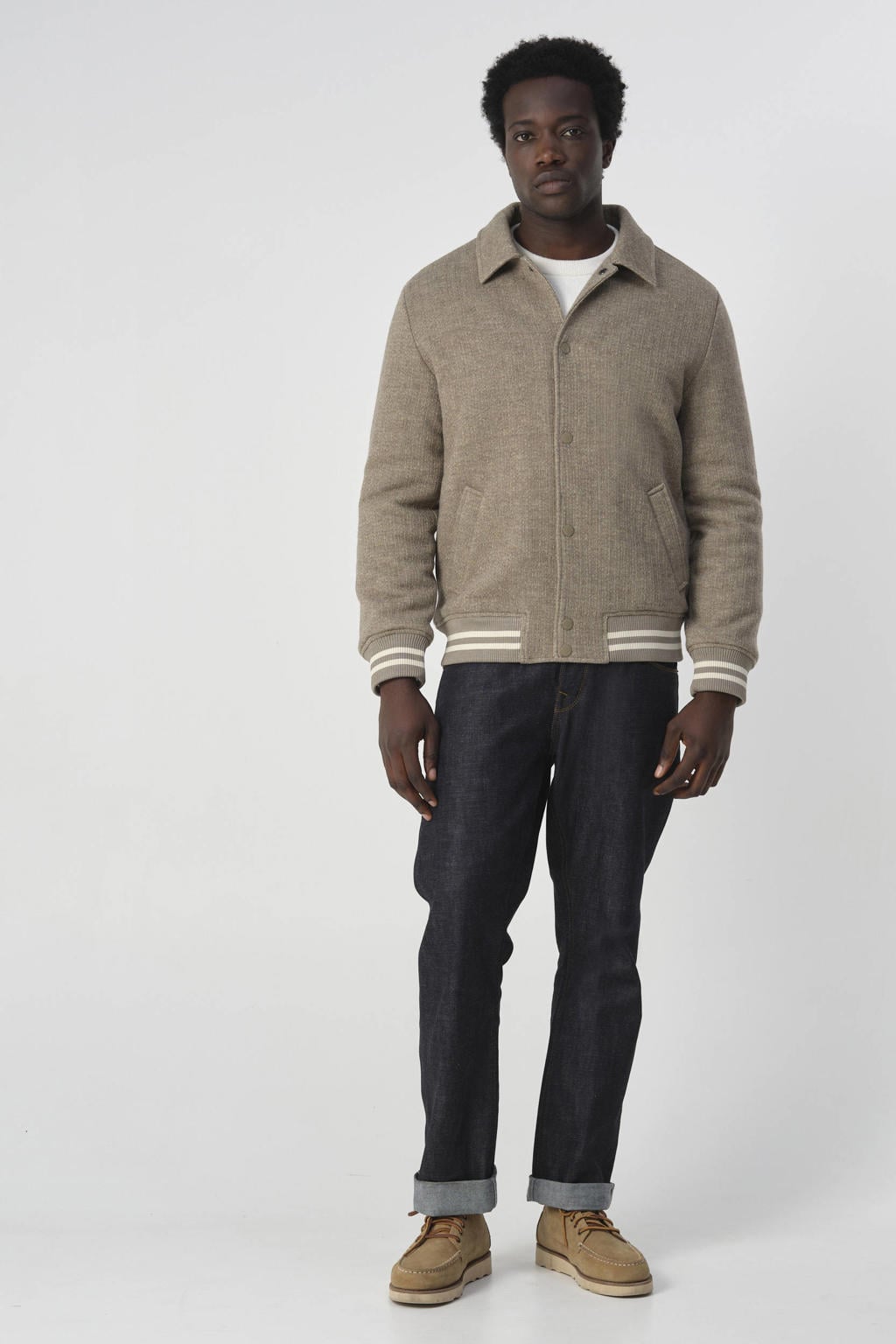 Taupe heren J.C. Rags bomberjack van polyester met melée print, lange mouwen, drukknoopsluiting en geribde boorden