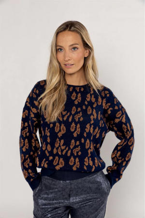 gebreide trui met panterprint marineblauw