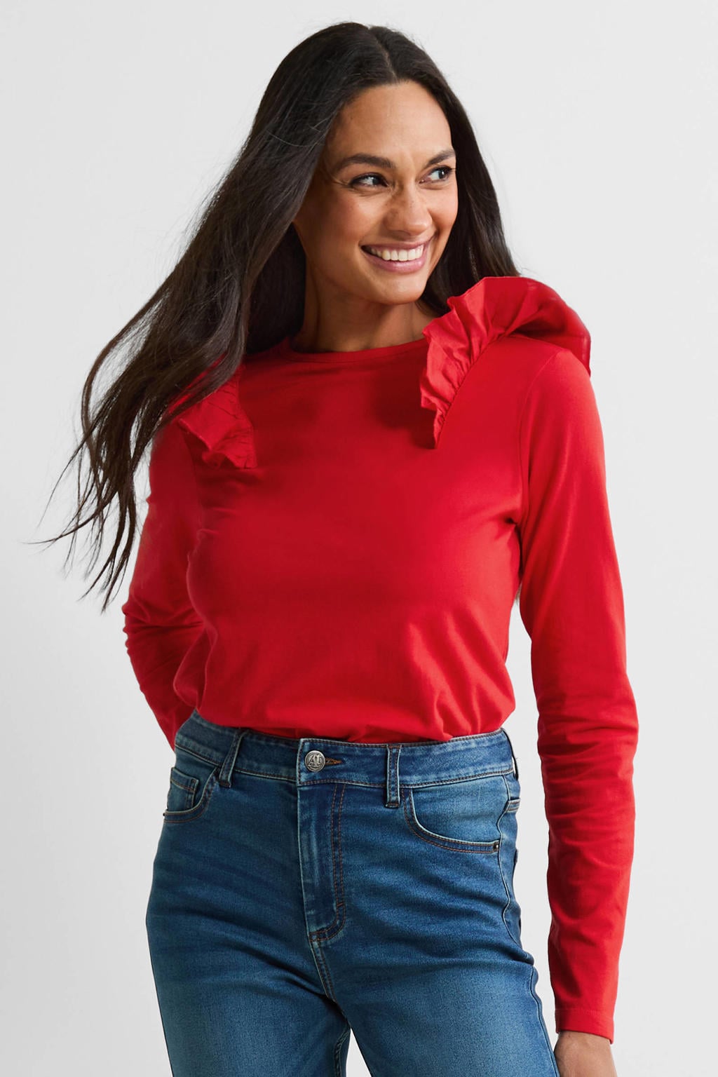 Rode dames Anytime lonsleeve van polyester met effen, lange mouwen, ronde hals en ruches