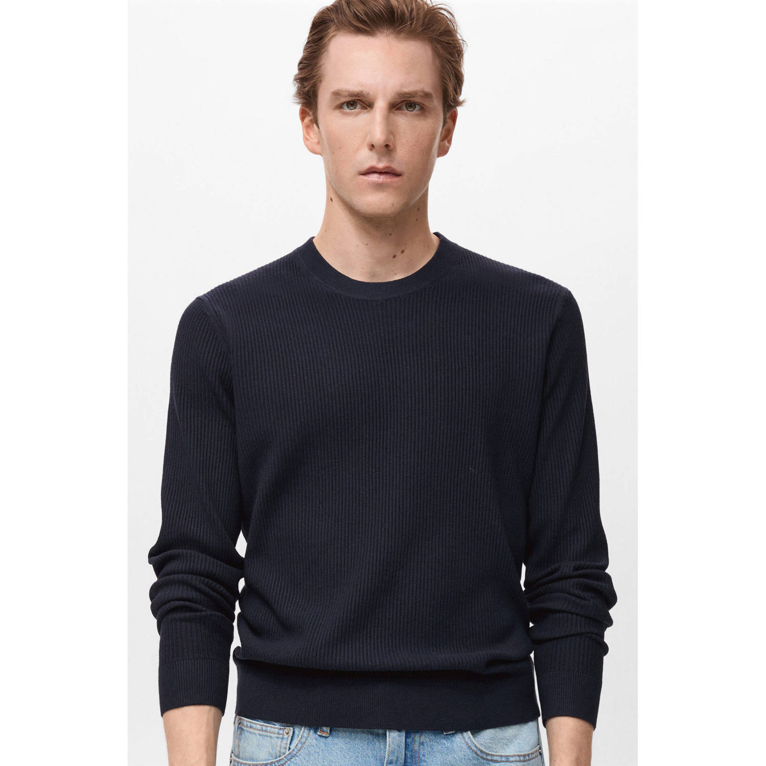 Mango Man pullover trui rib gebreid donkerblauw