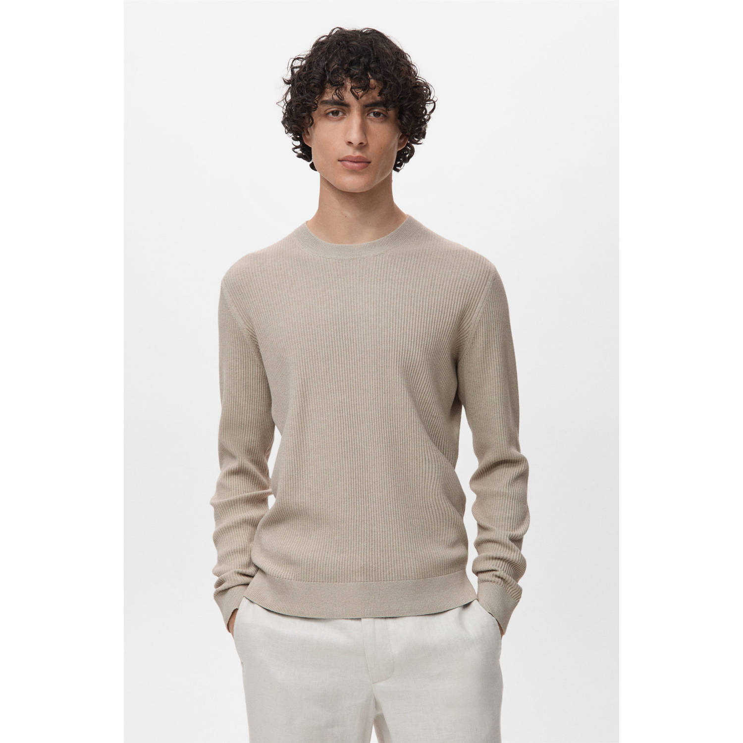 Mango Man pullover trui rib gebreid beige