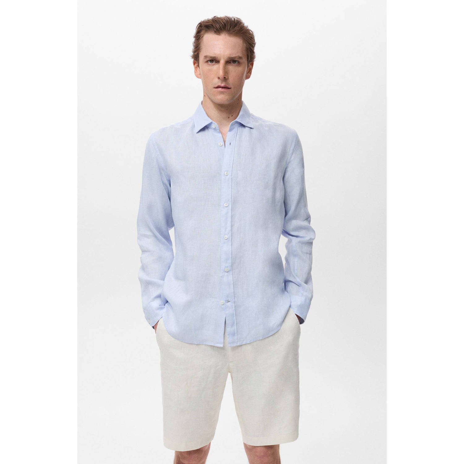 Mango Man linnen casual overhemd lichtblauw