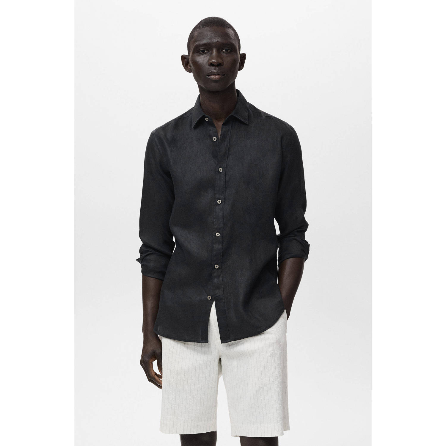 Mango Man linnen casual overhemd zwart