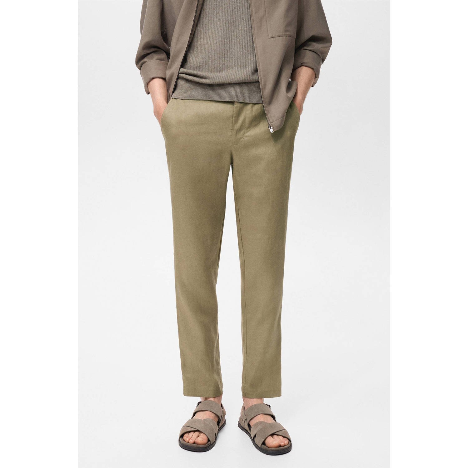Mango Man linnen slim casual broek kaki