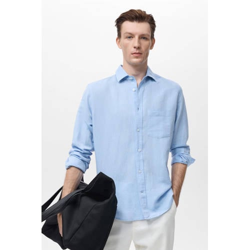 Mango Man linnen casual overhemd lichtblauw afbeelding