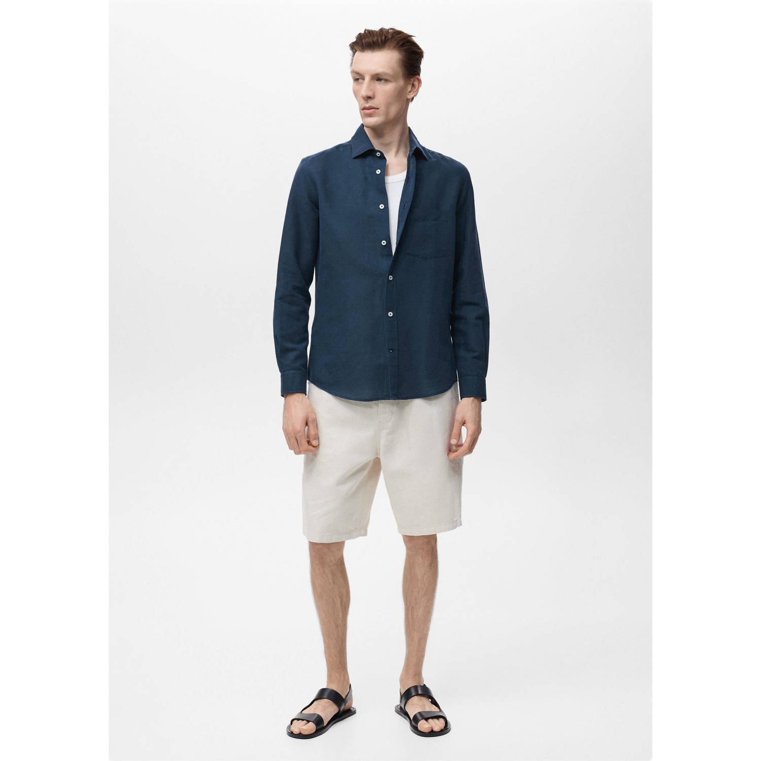 Mango Man linnen casual overhemd donkerblauw