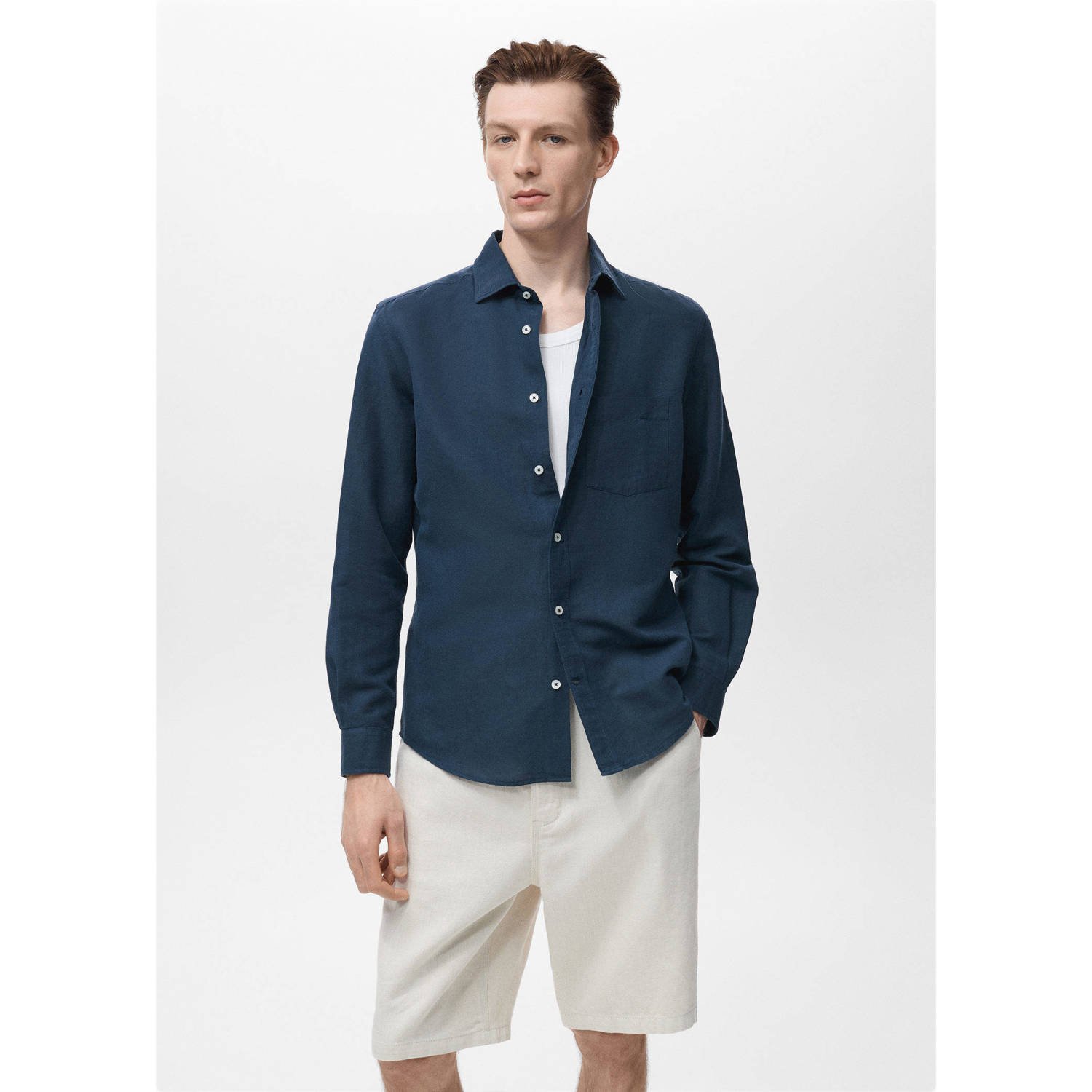 Mango Man linnen casual overhemd donkerblauw
