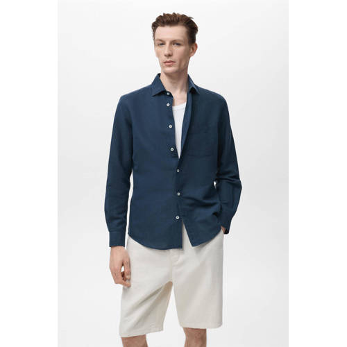 Mango Man linnen casual overhemd donkerblauw afbeelding