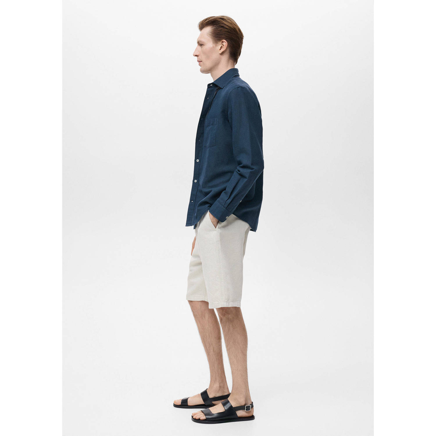 Mango Man linnen casual overhemd donkerblauw