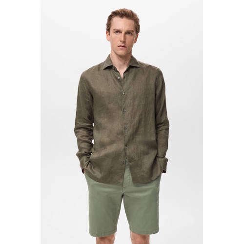 Mango Man linnen casual overhemd donkergroen afbeelding