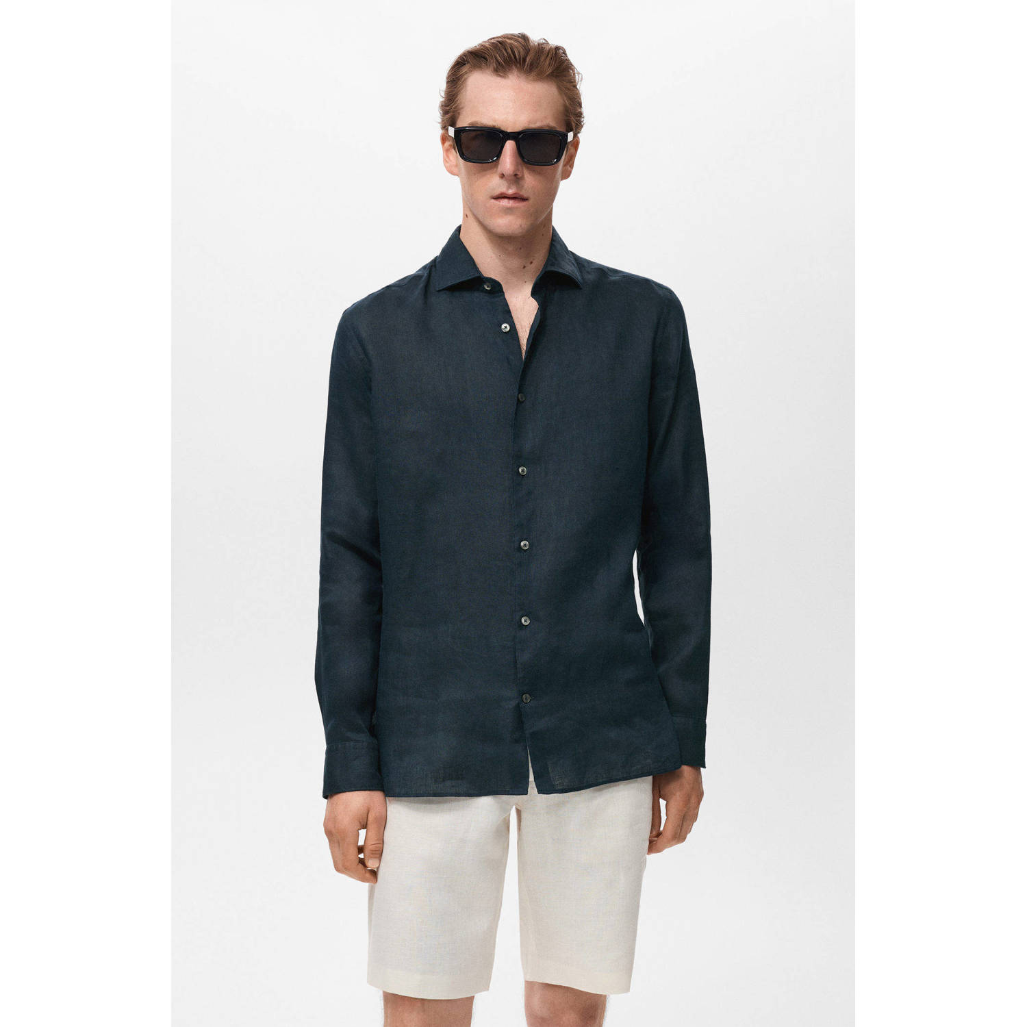 Mango Man linnen casual overhemd donkerblauw