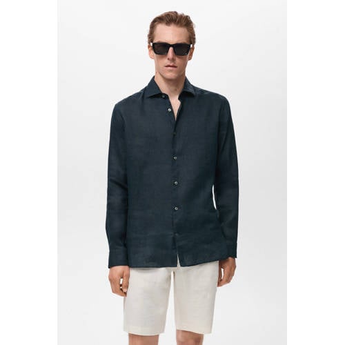 Mango Man linnen casual overhemd donkerblauw afbeelding