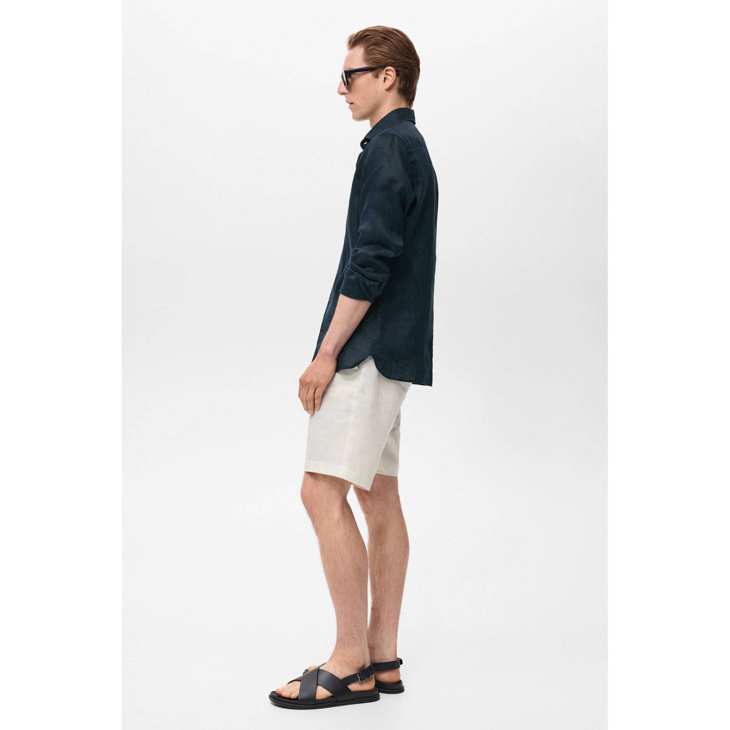 Mango Man linnen casual overhemd donkerblauw