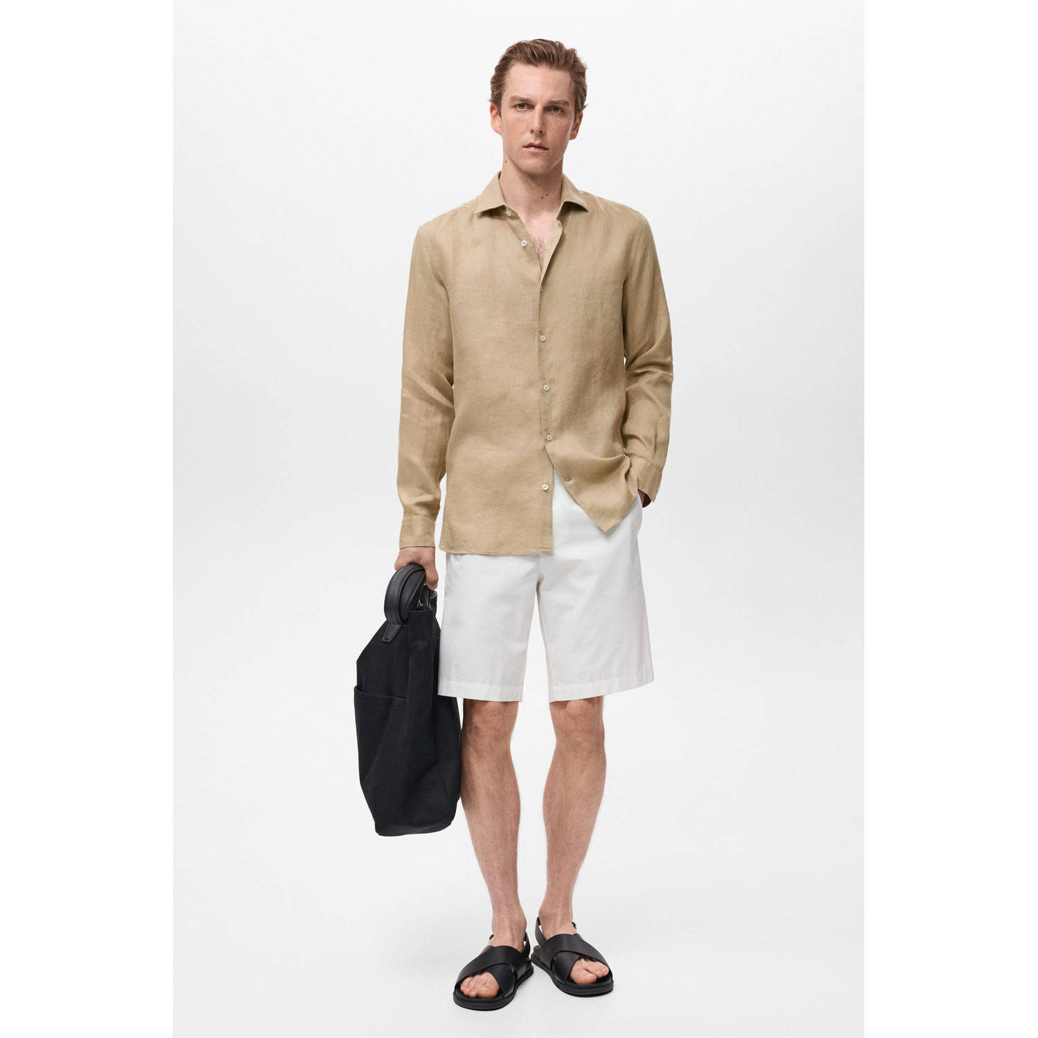 Mango Man linnen casual overhemd beige