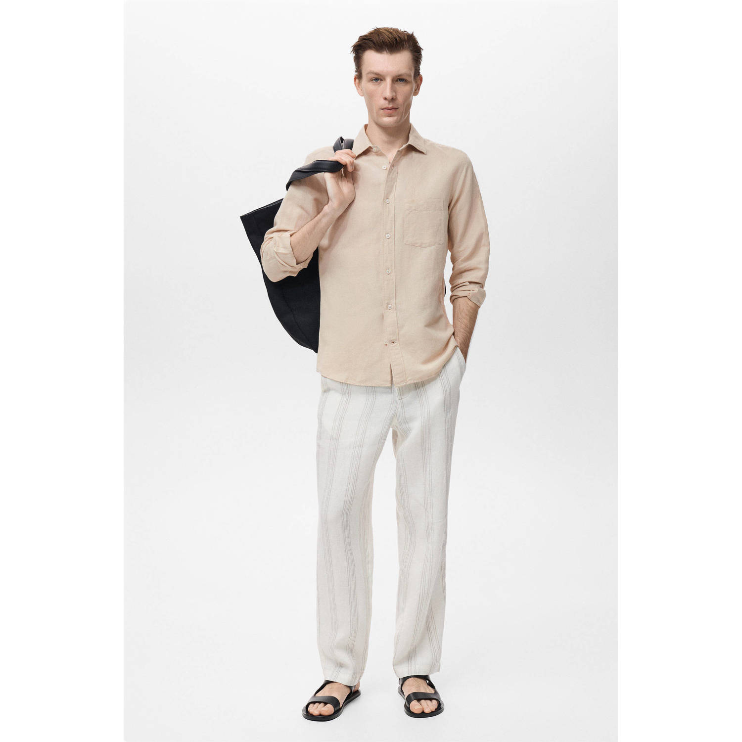 Mango Man linnen casual overhemd beige