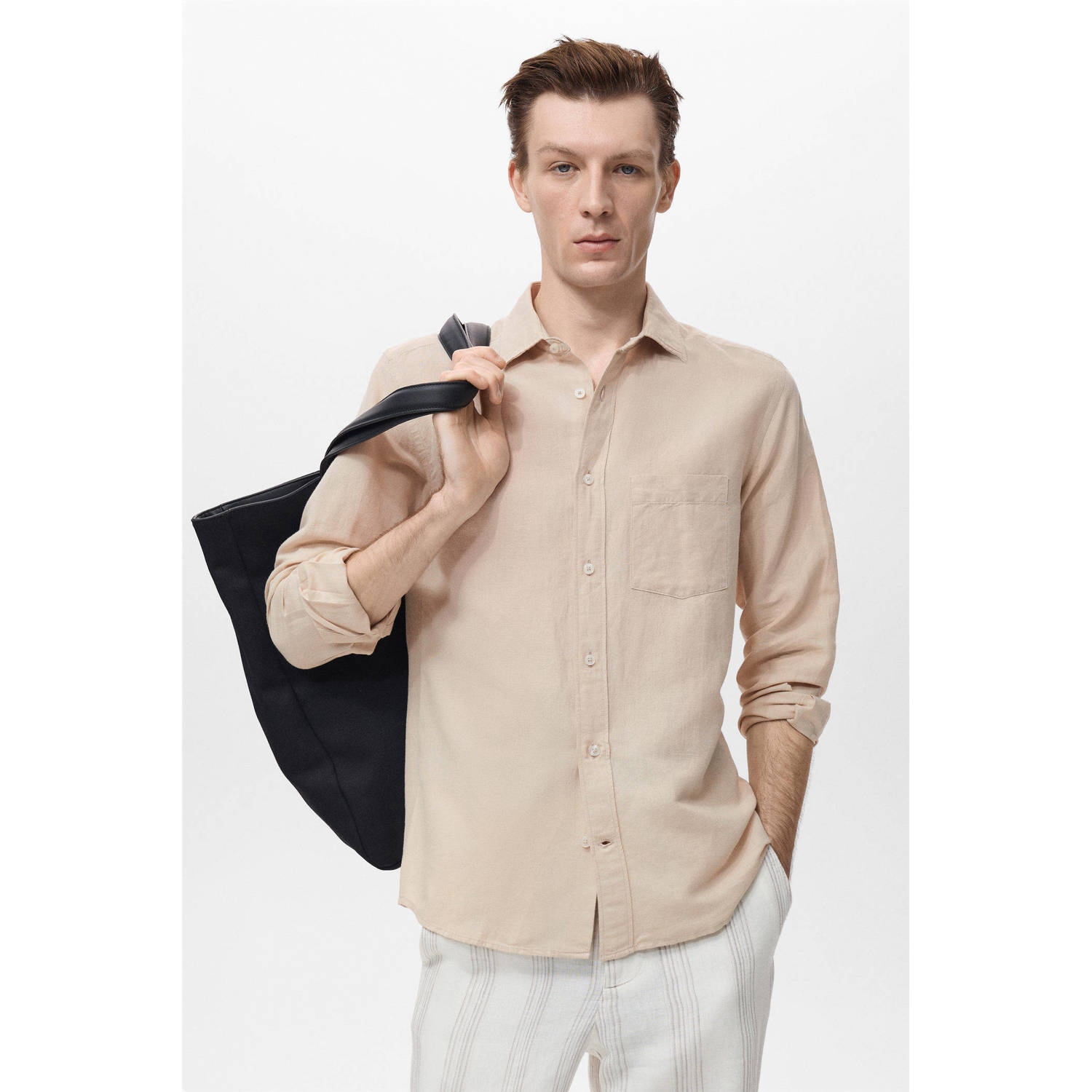 Mango Man linnen casual overhemd beige