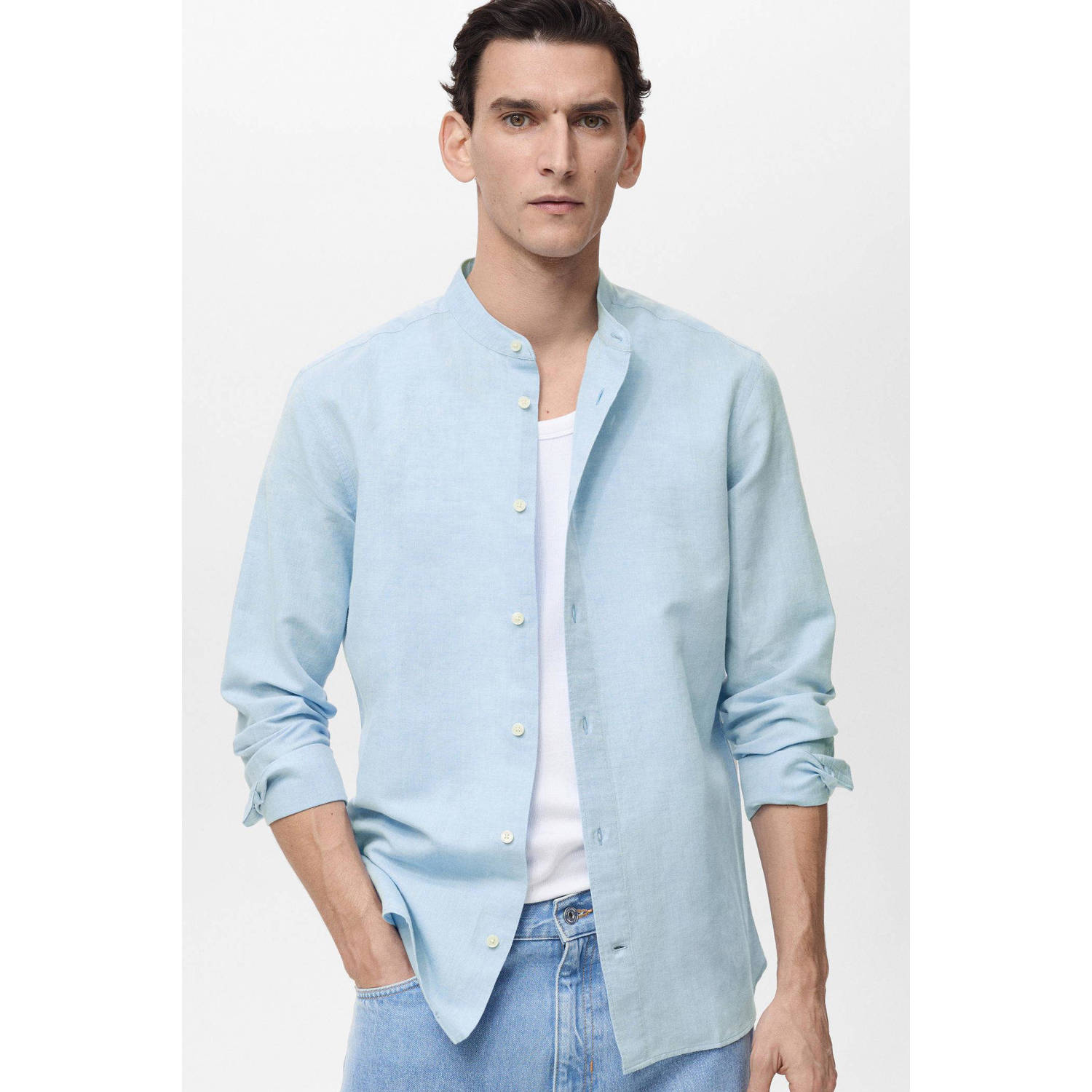 Mango Man linnen casual overhemd lichtblauw