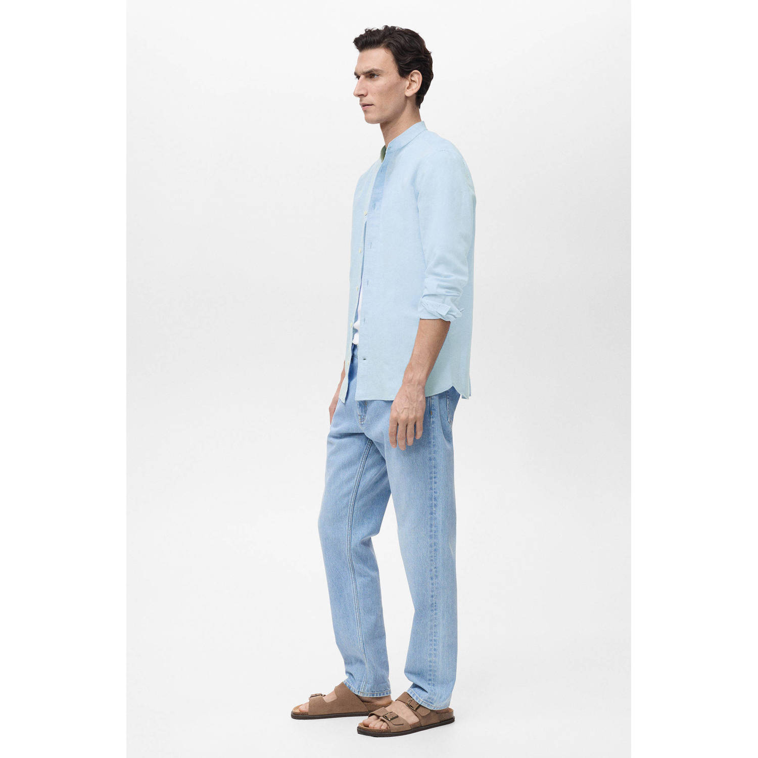 Mango Man linnen casual overhemd lichtblauw