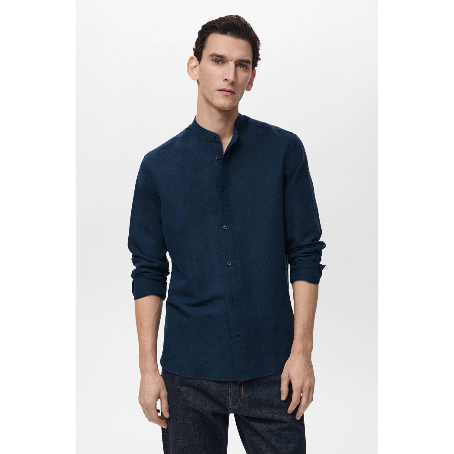 Mango Man linnen casual overhemd donkerblauw