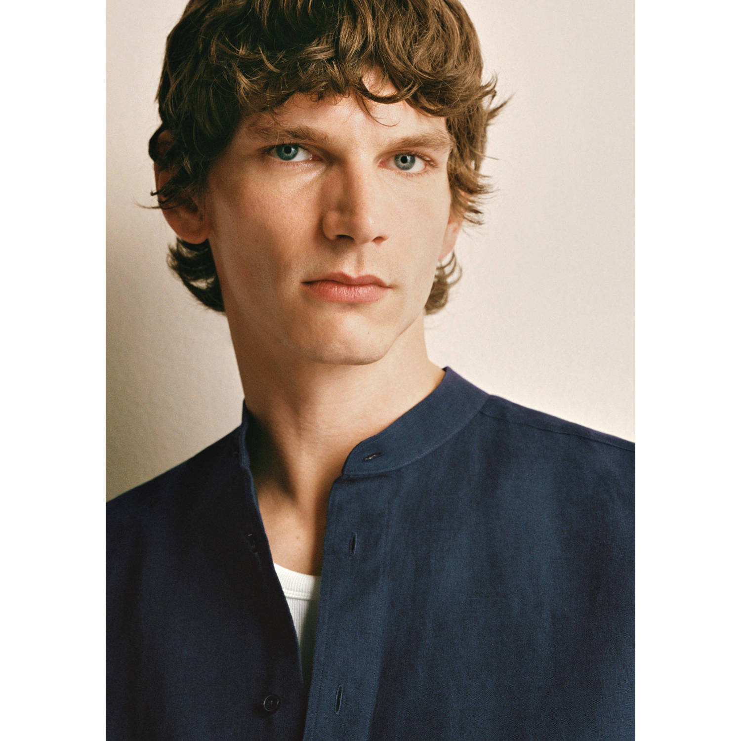 Mango Man linnen casual overhemd donkerblauw