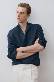 thumbnail: Mango Man linnen casual overhemd donkerblauw