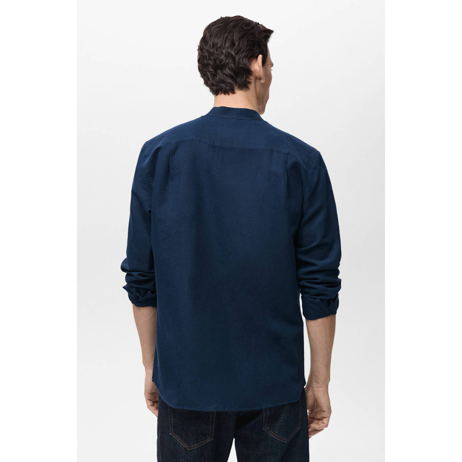 Mango Man linnen casual overhemd donkerblauw
