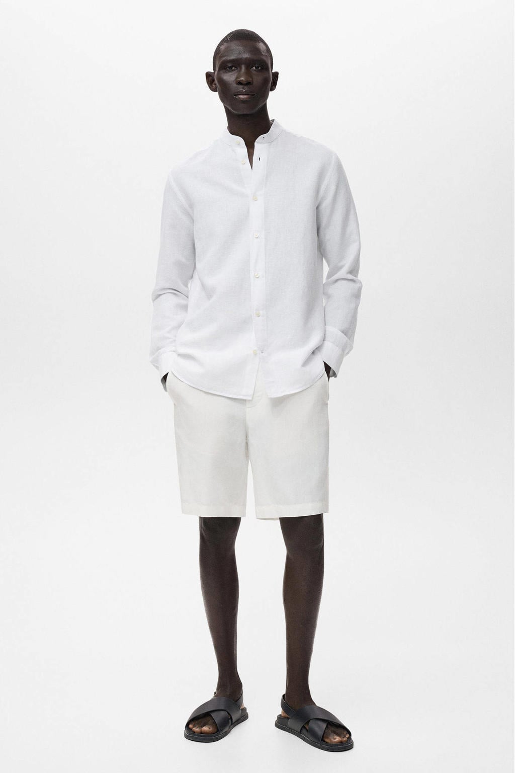 Witte heren Mango Man linnen casual overhemd met effen, lange mouwen, mao kraag en knoopsluiting