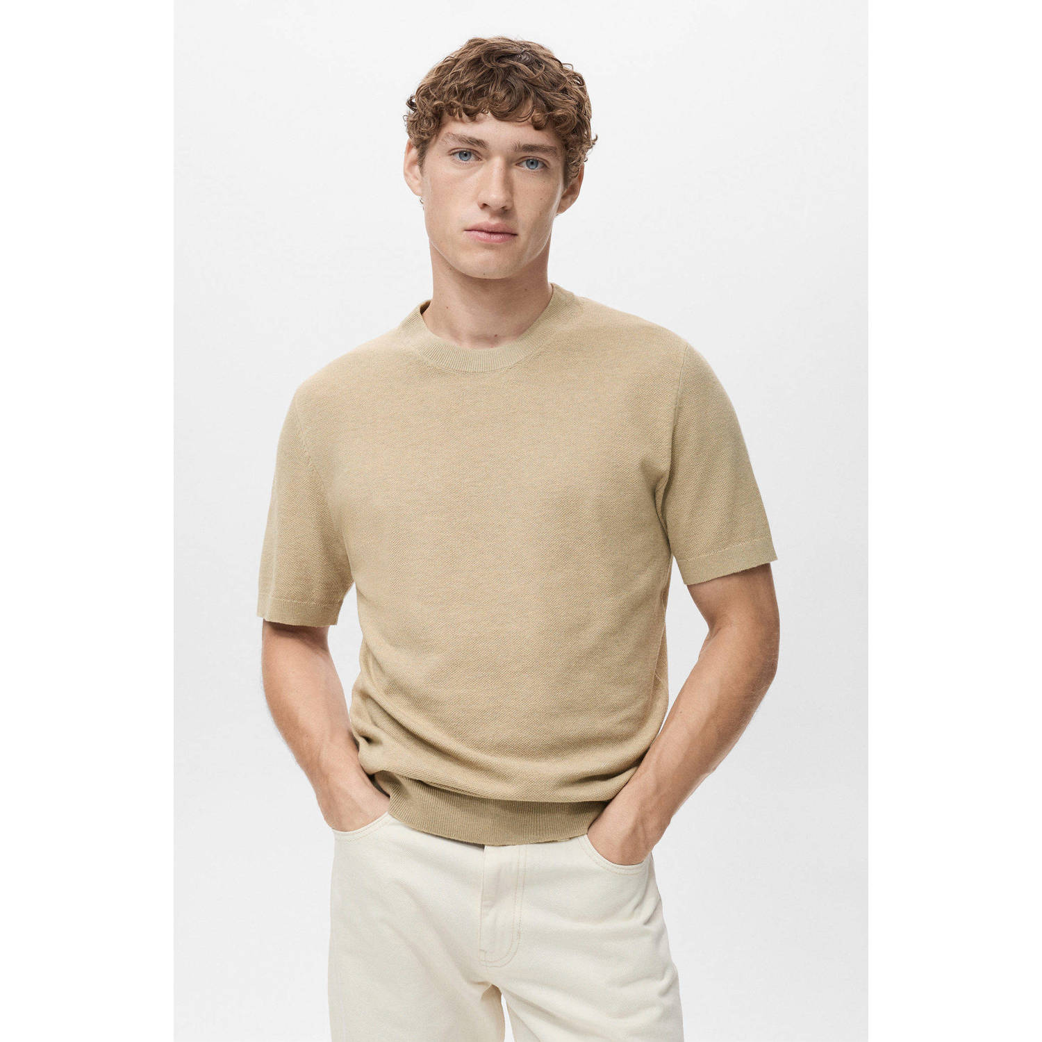 Mango Man T-shirt fijn gebreid beige