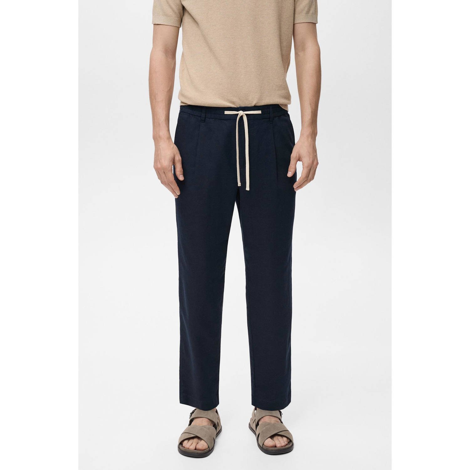 Mango Man linnen slim casual broek donkerblauw