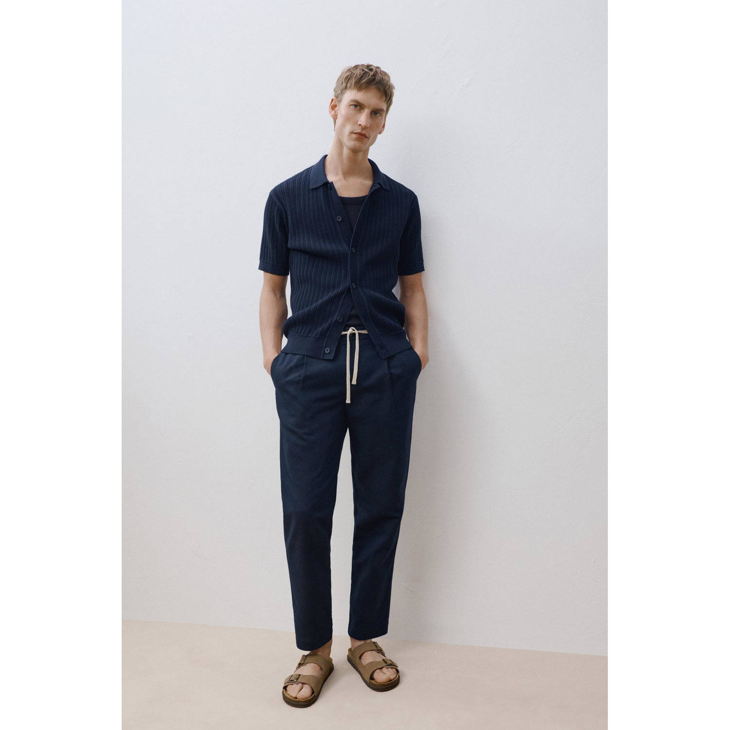 Mango Man linnen slim casual broek donkerblauw