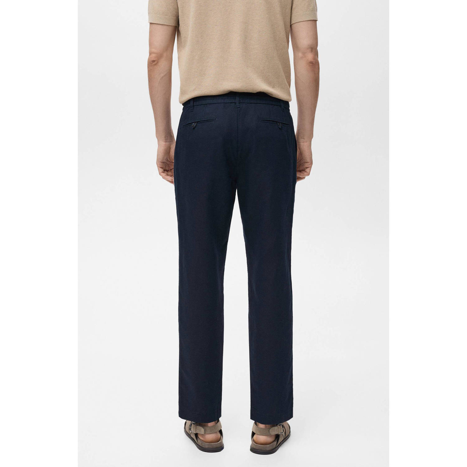 Mango Man linnen slim casual broek donkerblauw