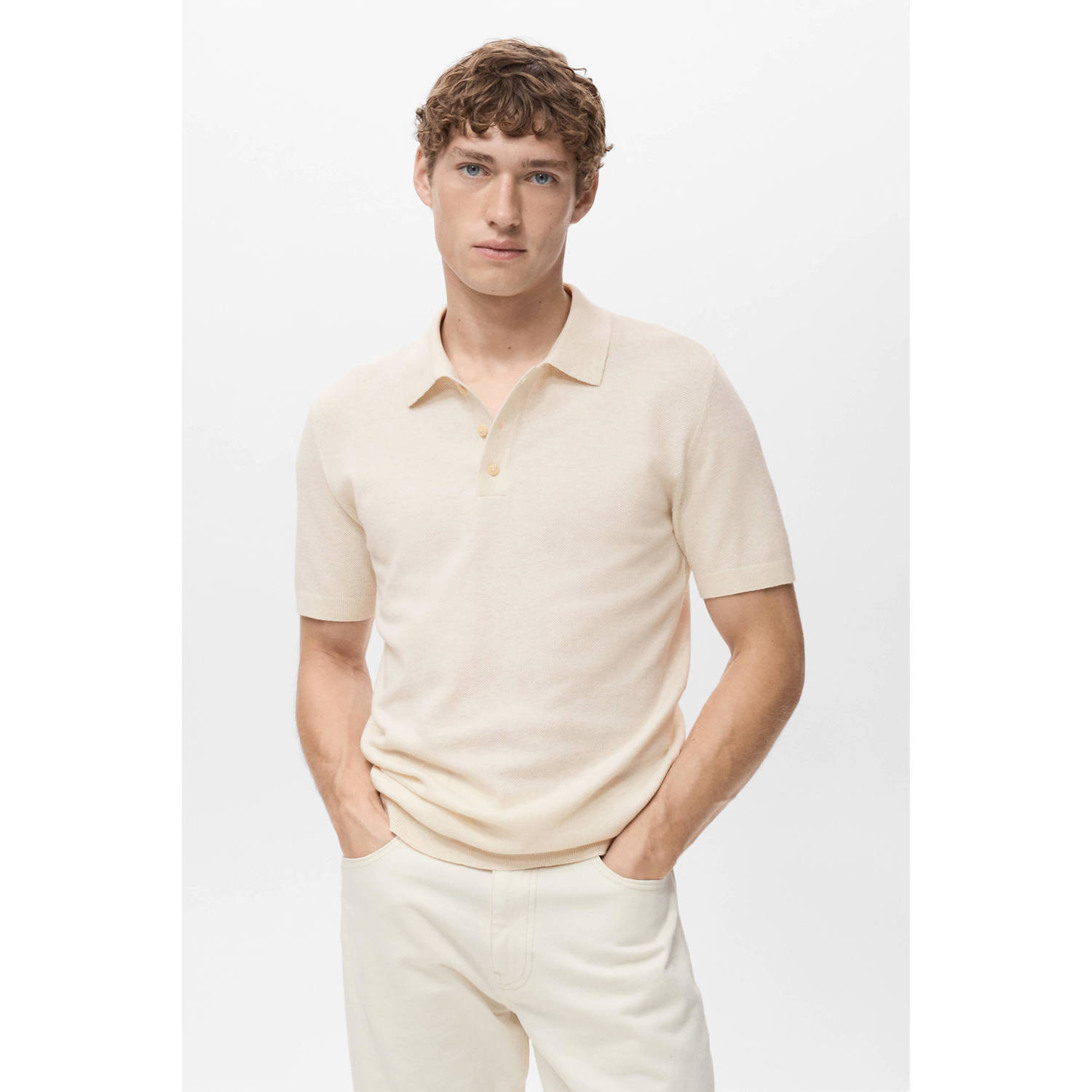 Mango Man regular polo gebreid ecru