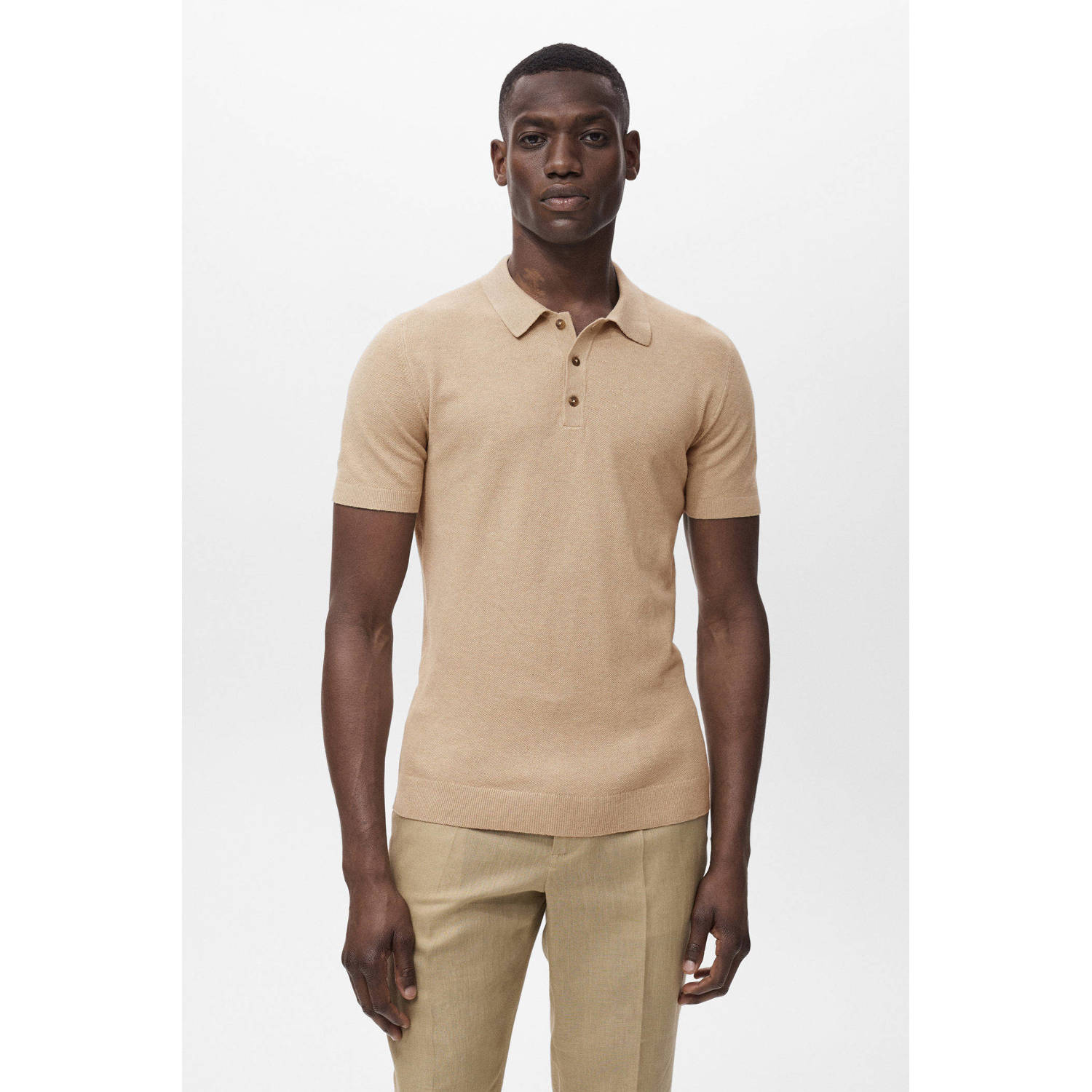 Mango Man regular polo gebreid beige