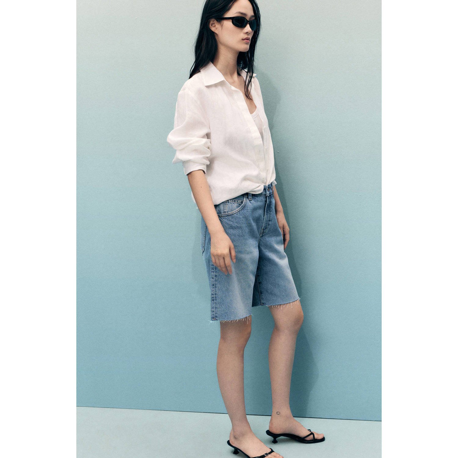 Mango denim straight regular waist bermuda short light blue denim