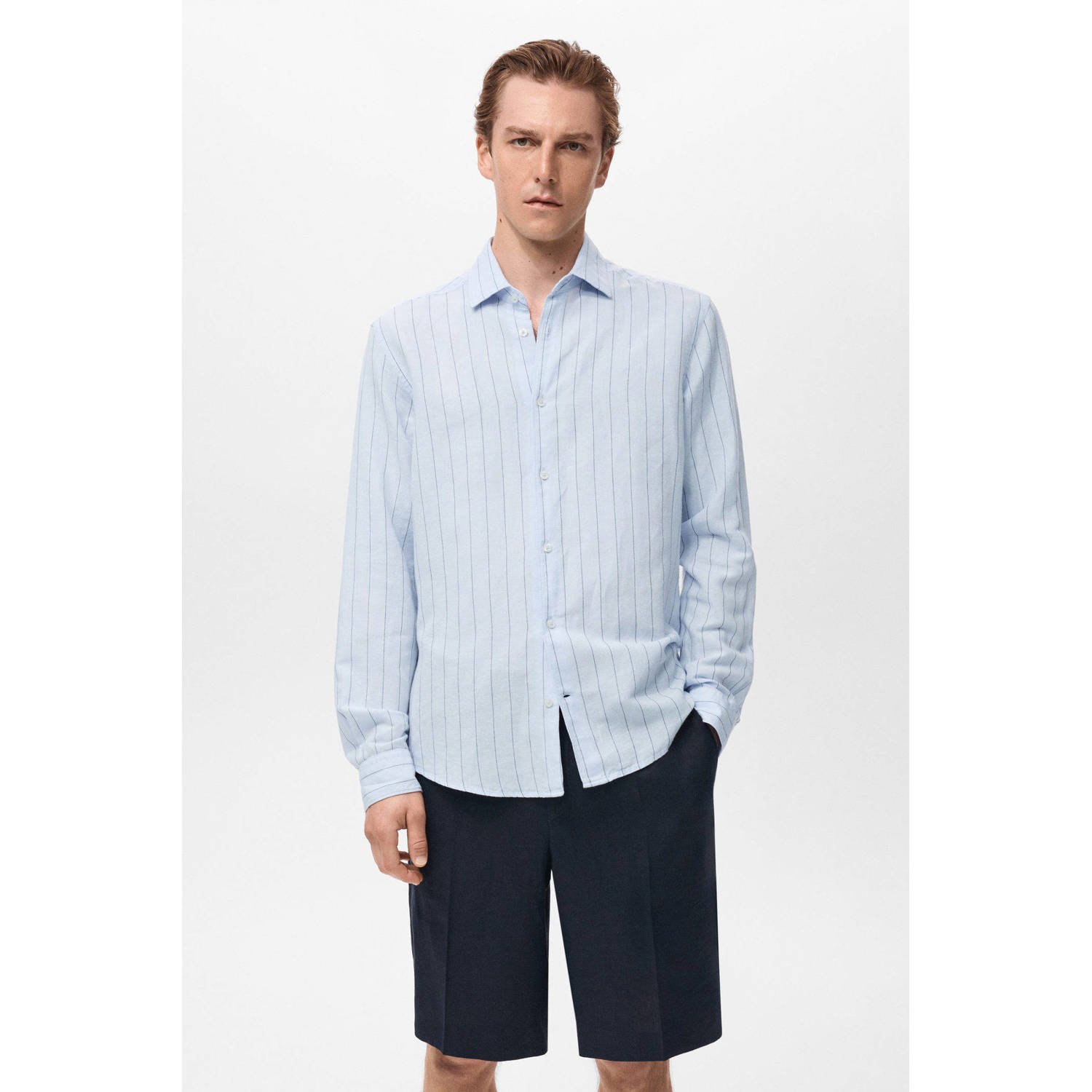 Mango Man linnen casual overhemd lichtblauw