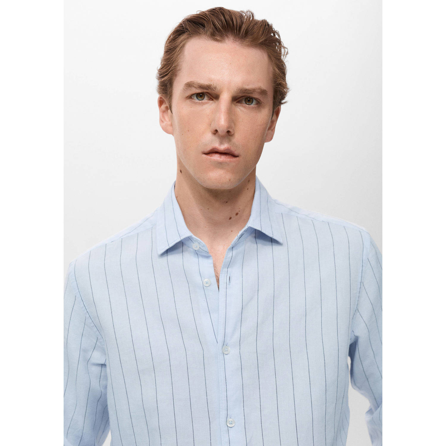 Mango Man linnen casual overhemd lichtblauw