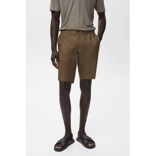 Mango Man linnen regular bermuda short kaki afbeelding